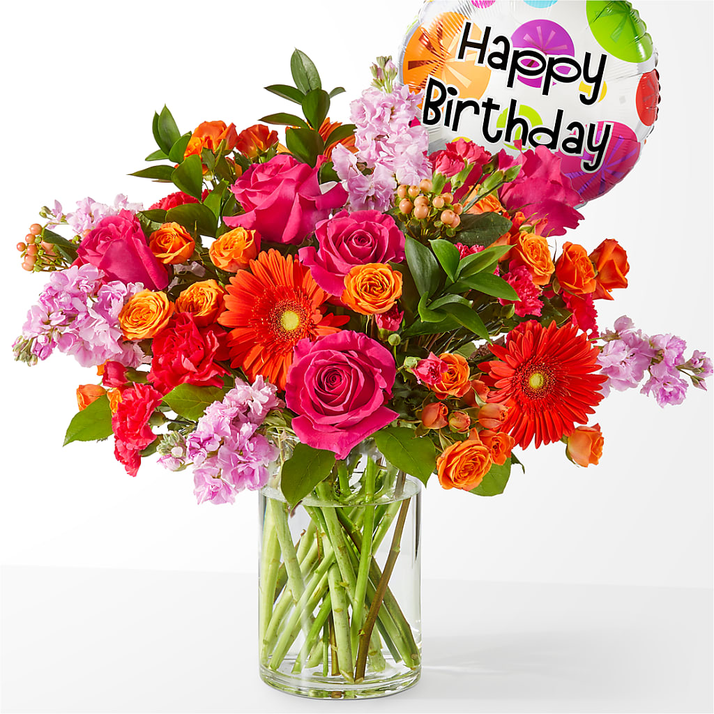Fiesta Bouquet with Birthday Balloon – WOYSHNER'S FLOWER SHOP, Lackawanna NY