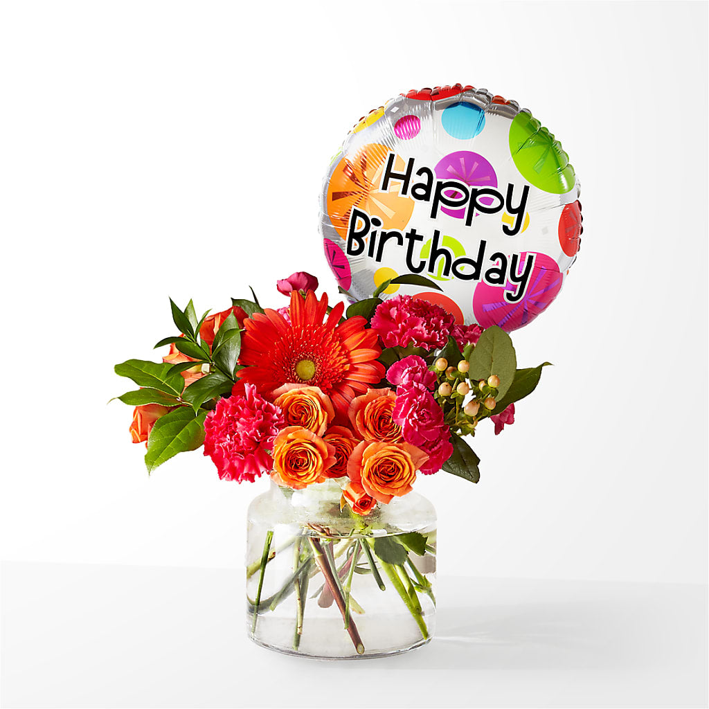 Fiesta Bouquet with Birthday Balloon – WOYSHNER'S FLOWER SHOP, Lackawanna NY