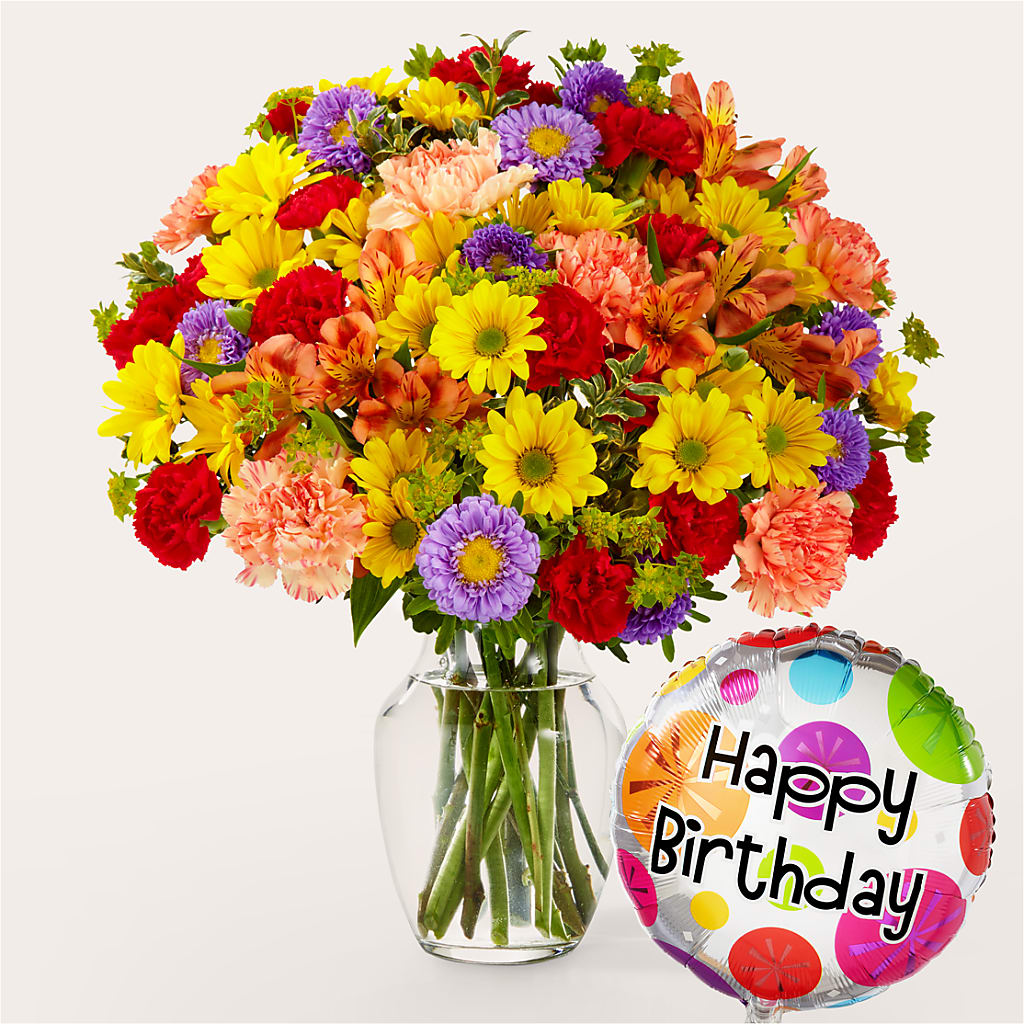 Kaleidoscope Bouquet with Birthday Balloon – WOYSHNER'S FLOWER SHOP, Lackawanna NY