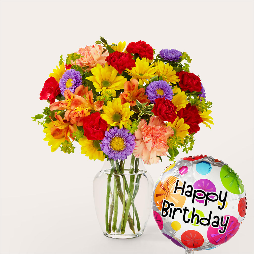 Kaleidoscope Bouquet with Birthday Balloon – WOYSHNER'S FLOWER SHOP, Lackawanna NY
