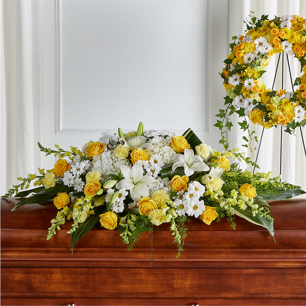 Golden Harmony Casket Spray – WOYSHNER'S FLOWER SHOP, Lackawanna NY
