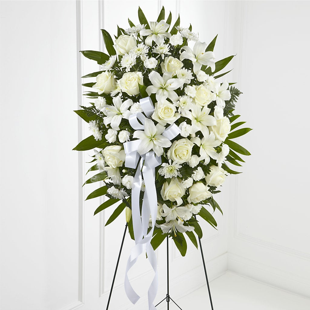 Exquisite Tribute Standing Spray-White Ribbon – WOYSHNER'S FLOWER SHOP, Lackawanna NY